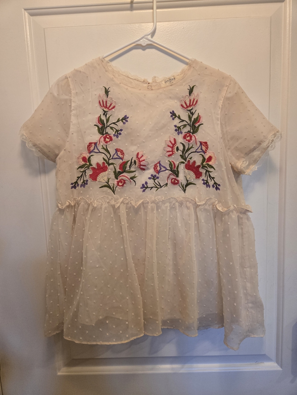 Umgee Cream Swiss Dot Top with Multicolor Floral Embroidery